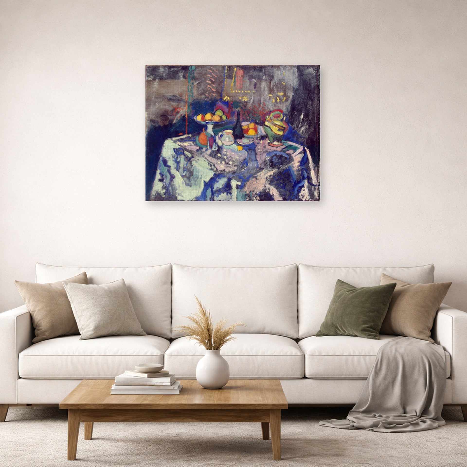 Gallery-wrapped canvas print of Henri Matisse's Vase, Bottle and Fruit hanging in a living room, view 2