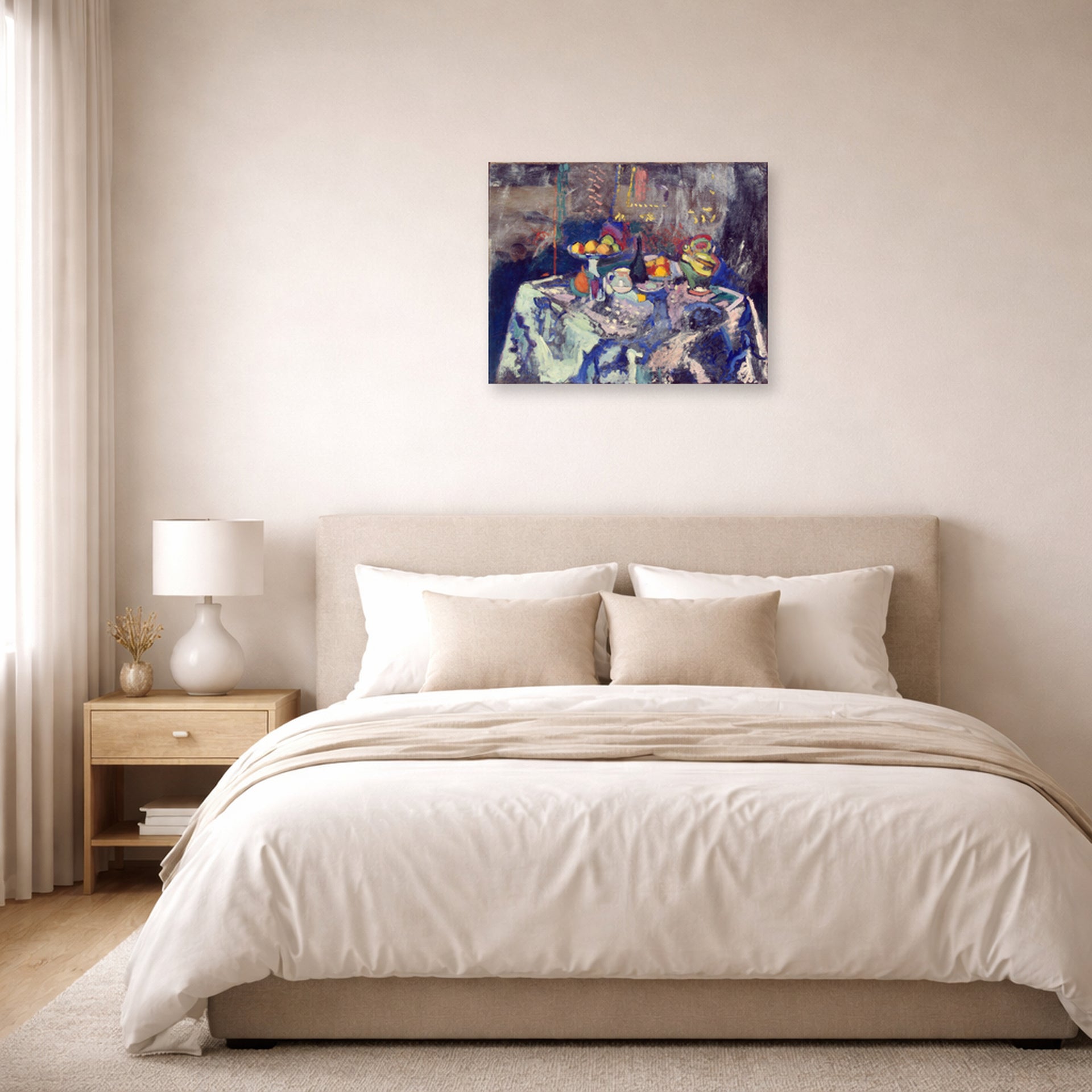 Unframed poster print of Henri Matisse's Bottle and Fruit displayed above a bed in a bedroom