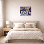 Unframed poster print of Henri Matisse's Vase, Bottle and Fruit displayed above a bed in a bedroom