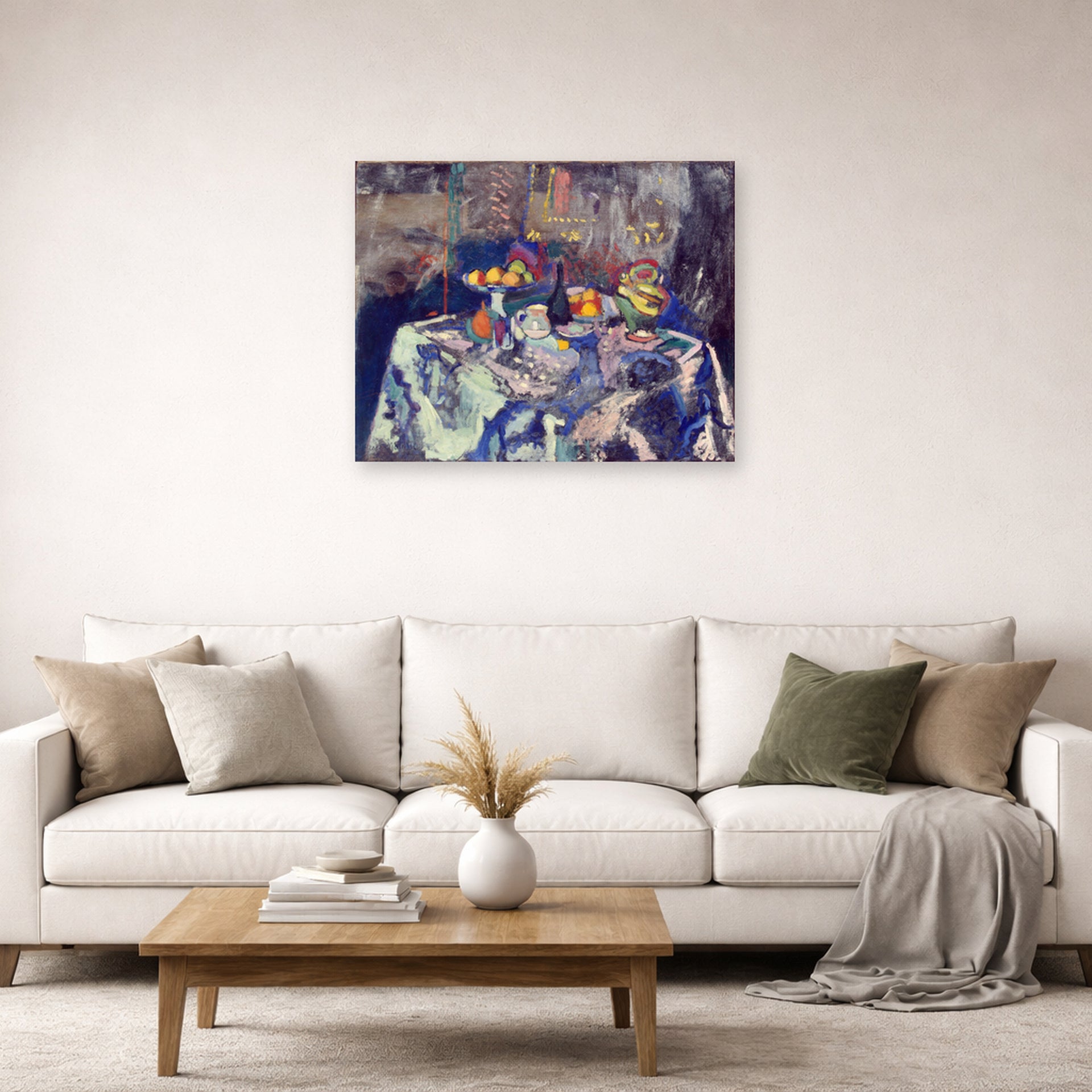 Unframed poster print of Henri Matisse's Vase, Bottle and Fruit displayed in a living room, view 2