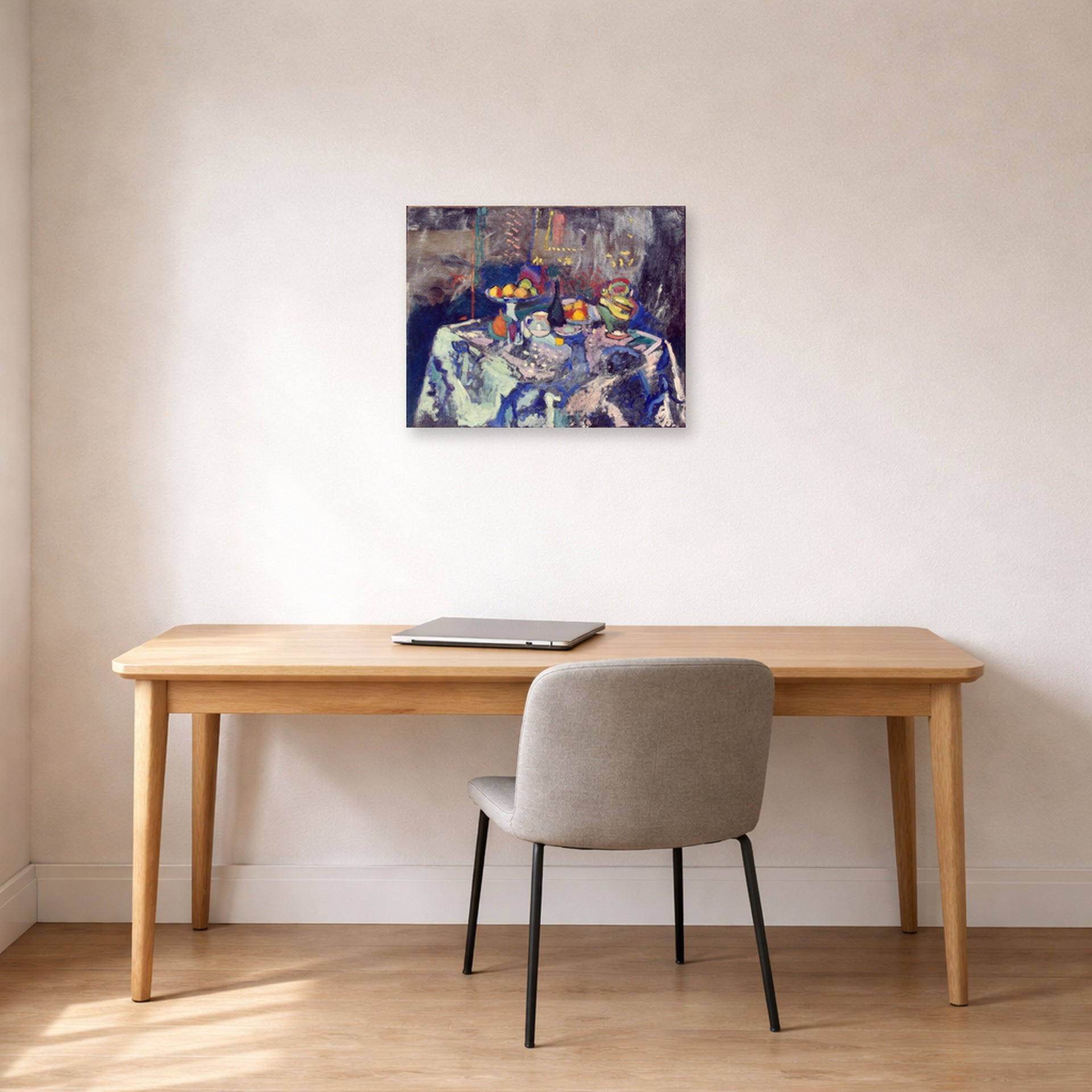 Unframed poster print of Henri Matisse's Bottle and Fruit displayed in a home office