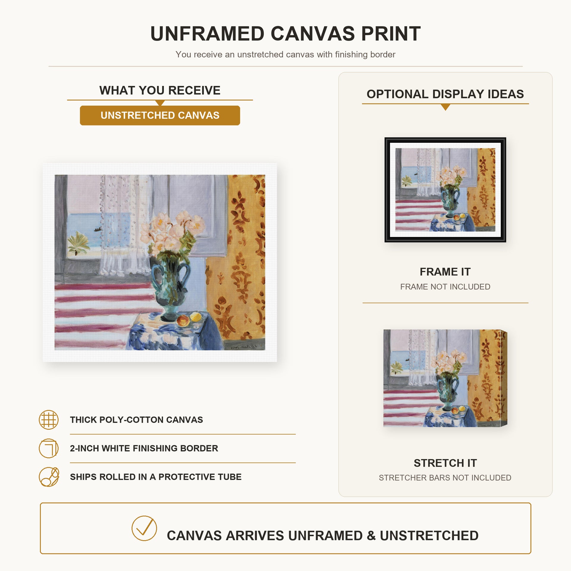Henri Matisse - Vase of Flowers canvas print size comparison and framing display infographic