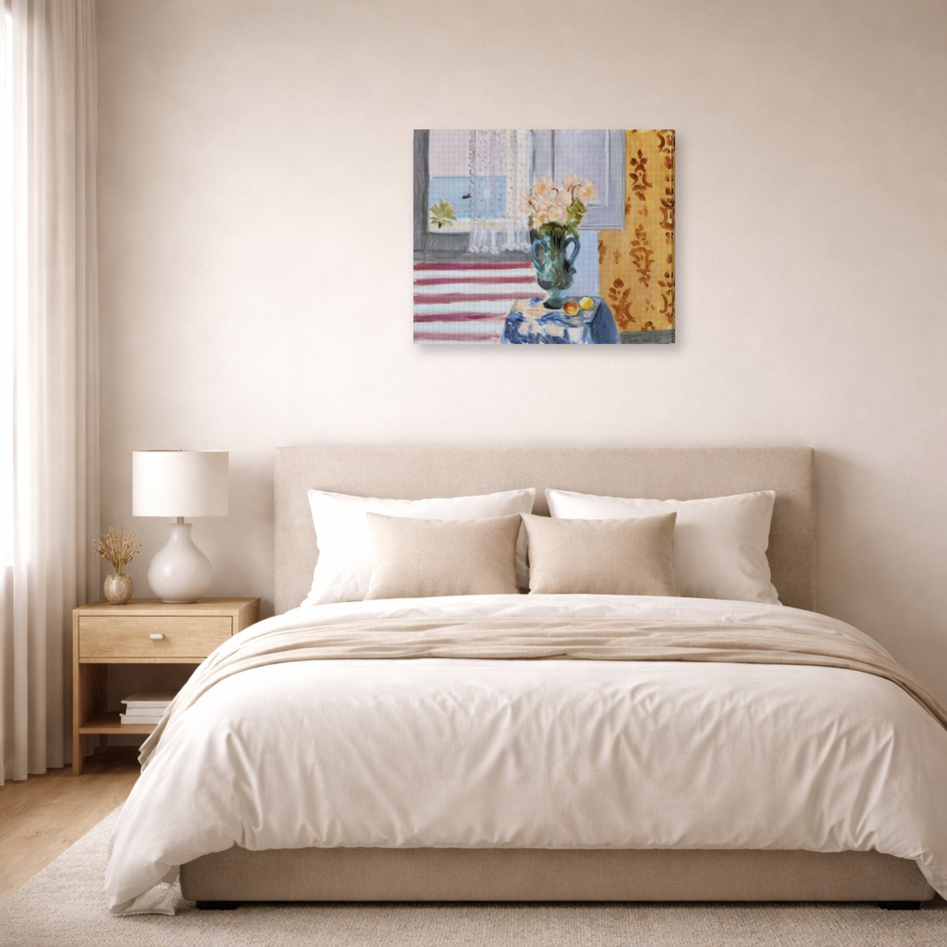 Gallery-wrapped canvas print of Henri Matisse's Vase of Flowers hanging above a bed in a bedroom