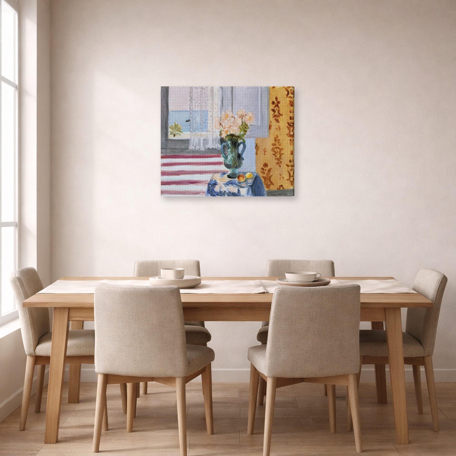 Gallery-wrapped canvas print of Henri Matisse's Vase of Flowers hanging on a dining room wall