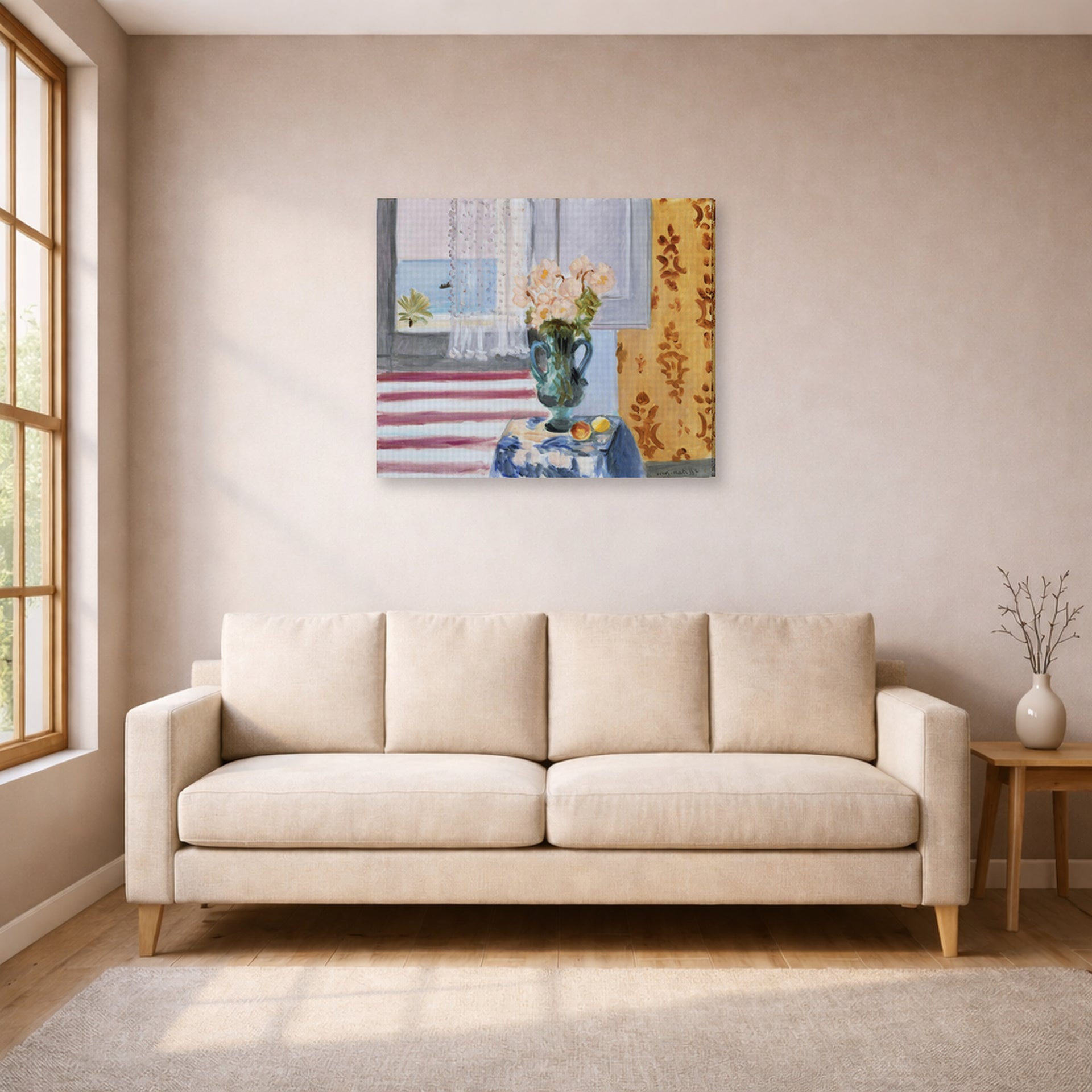 Gallery-wrapped canvas print of Henri Matisse's Vase of Flowers hanging in a living room, view 1
