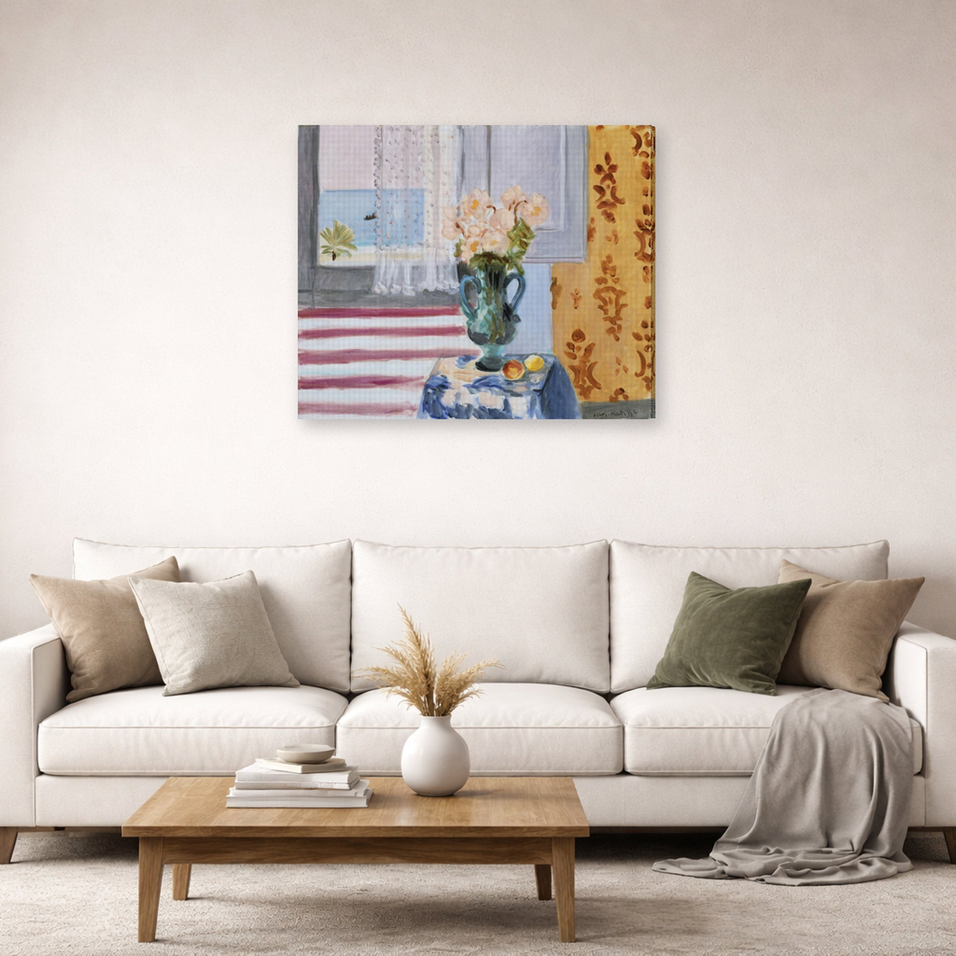 Gallery-wrapped canvas print of Henri Matisse's Vase of Flowers hanging in a living room, view 2