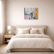 Unframed poster print of Henri Matisse's Vase of Flowers displayed above a bed in a bedroom