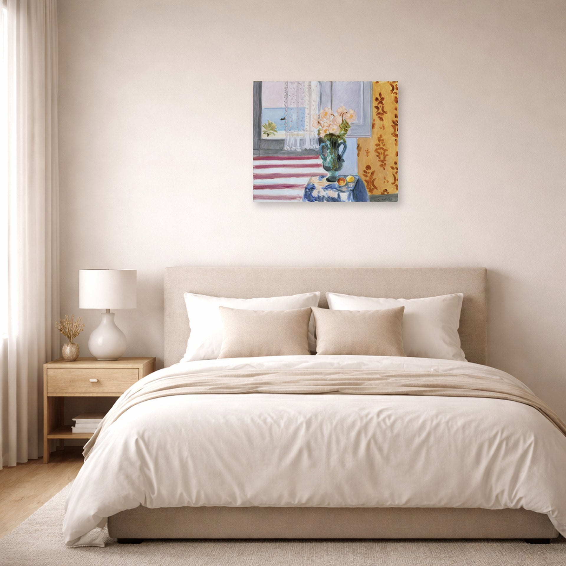 Unframed poster print of Henri Matisse's Vase of Flowers displayed above a bed in a bedroom