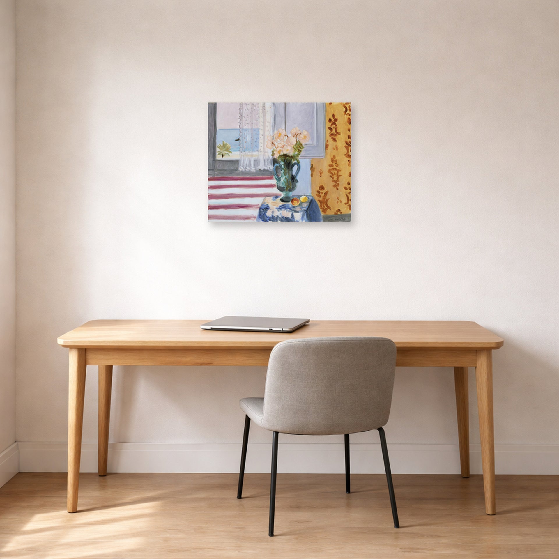 Unframed poster print of Henri Matisse's Vase of Flowers displayed in a home office