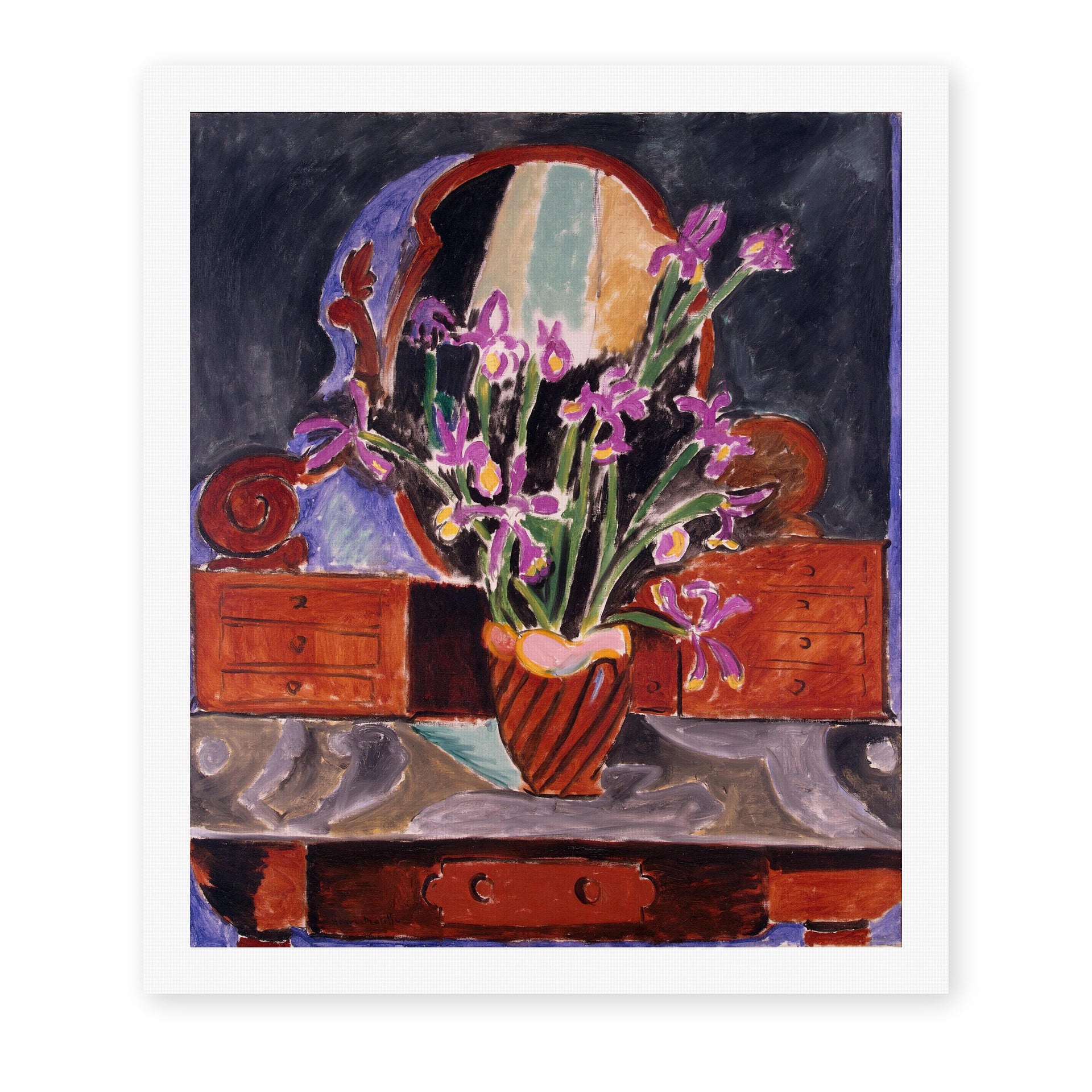 Henri Matisse's Vase of Irises painting reproduced as a rolled canvas print