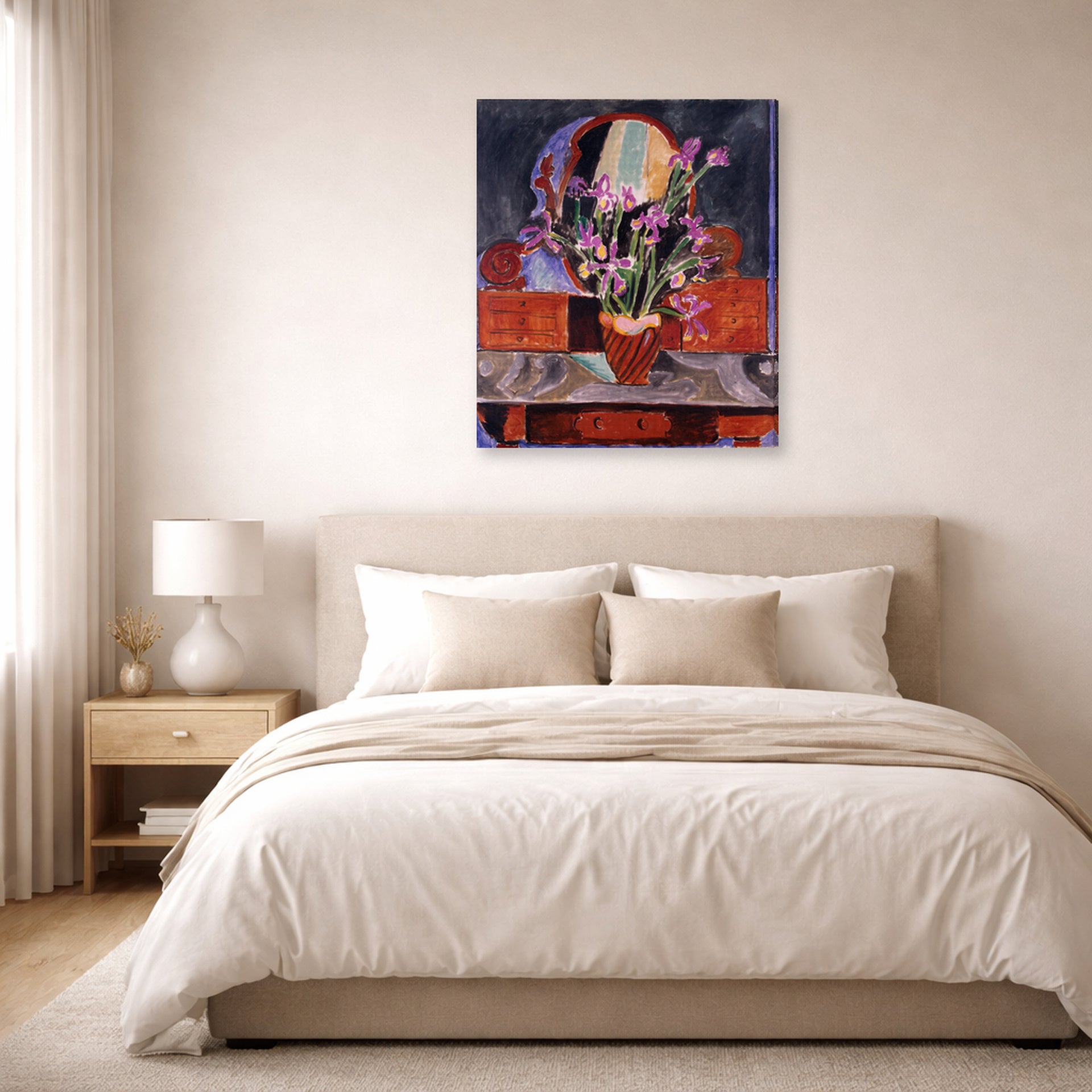 Gallery-wrapped canvas print of Henri Matisse's Vase of Irises hanging above a bed in a bedroom