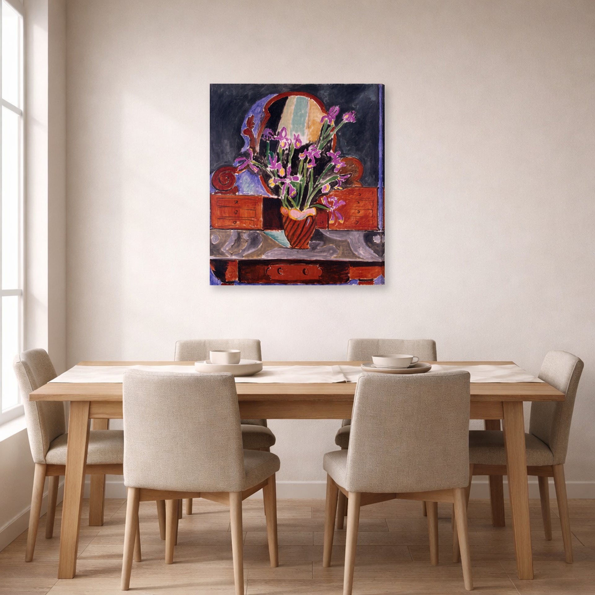 Gallery-wrapped canvas print of Henri Matisse's Vase of Irises hanging on a dining room wall