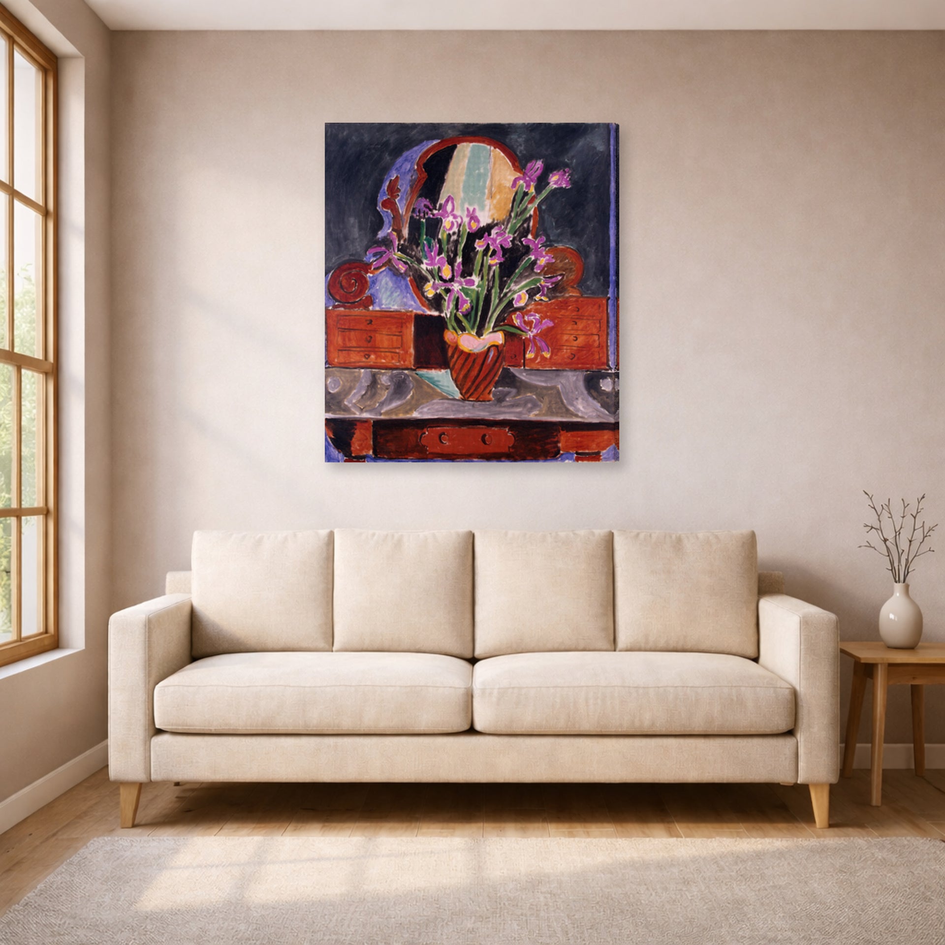Gallery-wrapped canvas print of Henri Matisse's Vase of Irises hanging in a living room, view 1