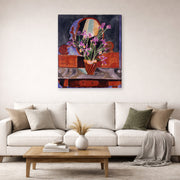 Gallery-wrapped canvas print of Henri Matisse's Vase of Irises hanging in a living room, view 2