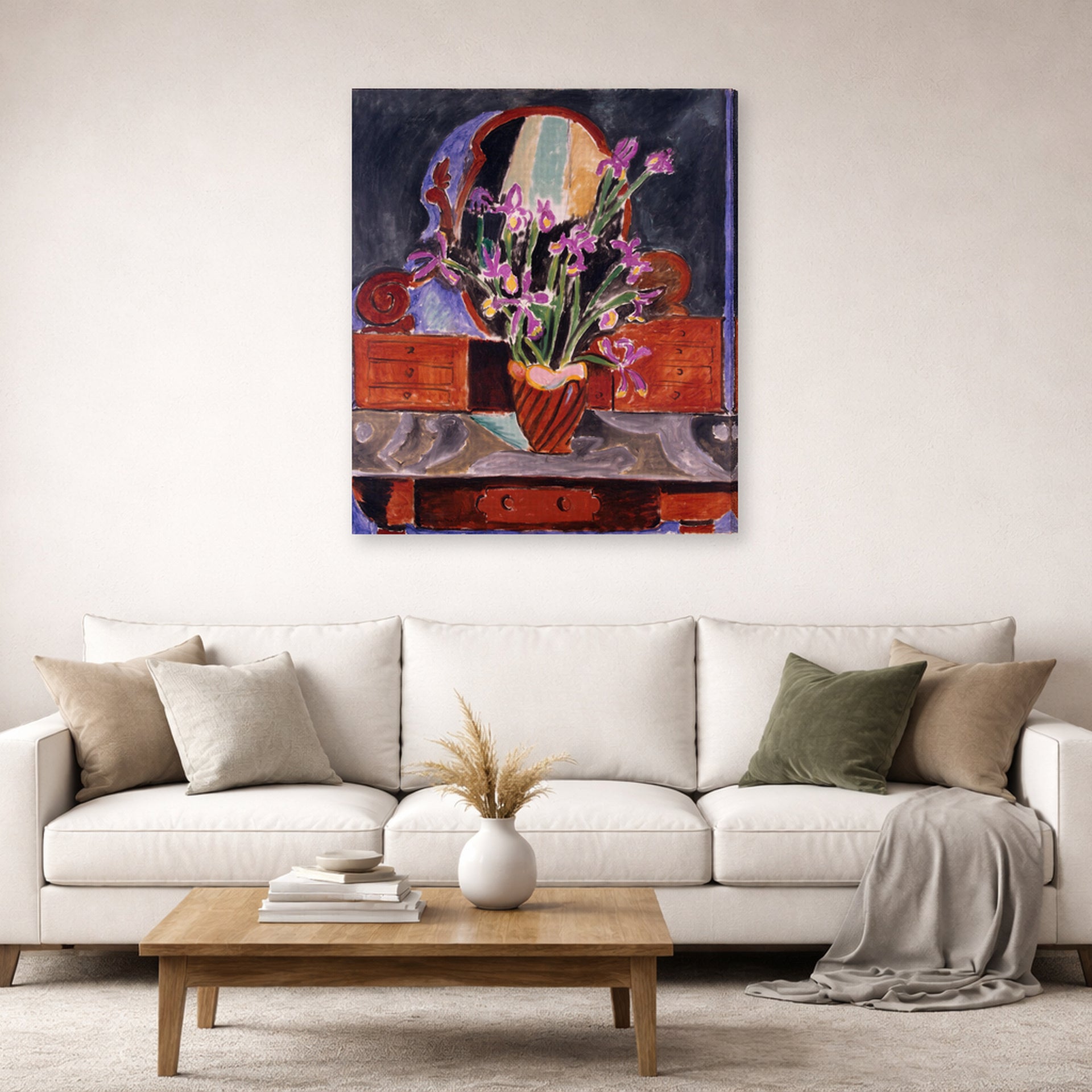 Gallery-wrapped canvas print of Henri Matisse's Vase of Irises hanging in a living room, view 2