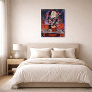 Unframed poster print of Henri Matisse's Vase of Irises displayed above a bed in a bedroom