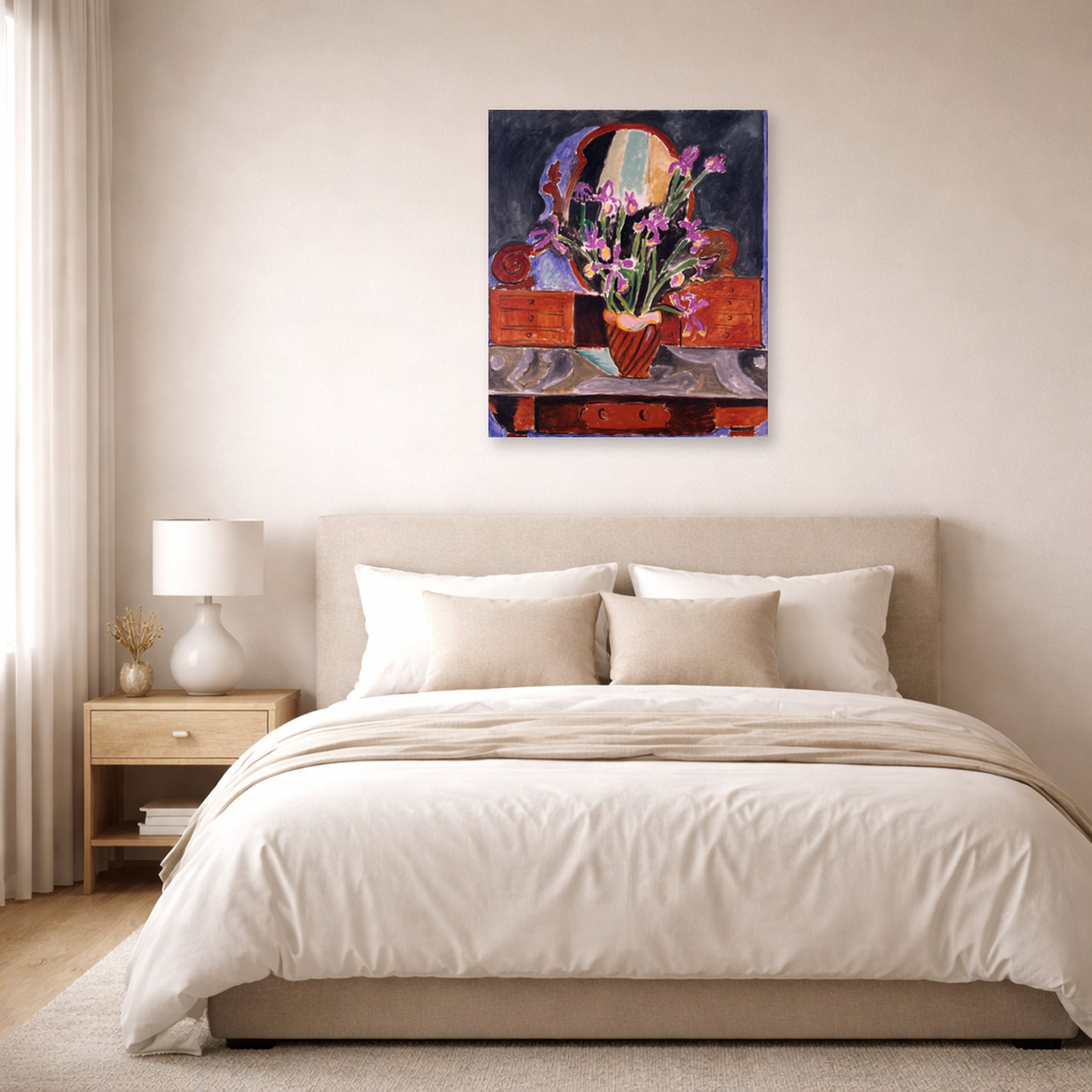 Unframed poster print of Henri Matisse's Vase of Irises displayed above a bed in a bedroom