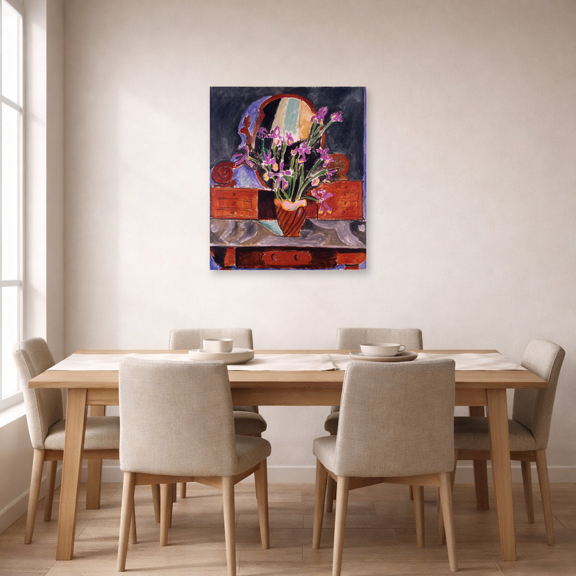 Unframed poster print of Henri Matisse's Vase of Irises displayed on a dining room wall