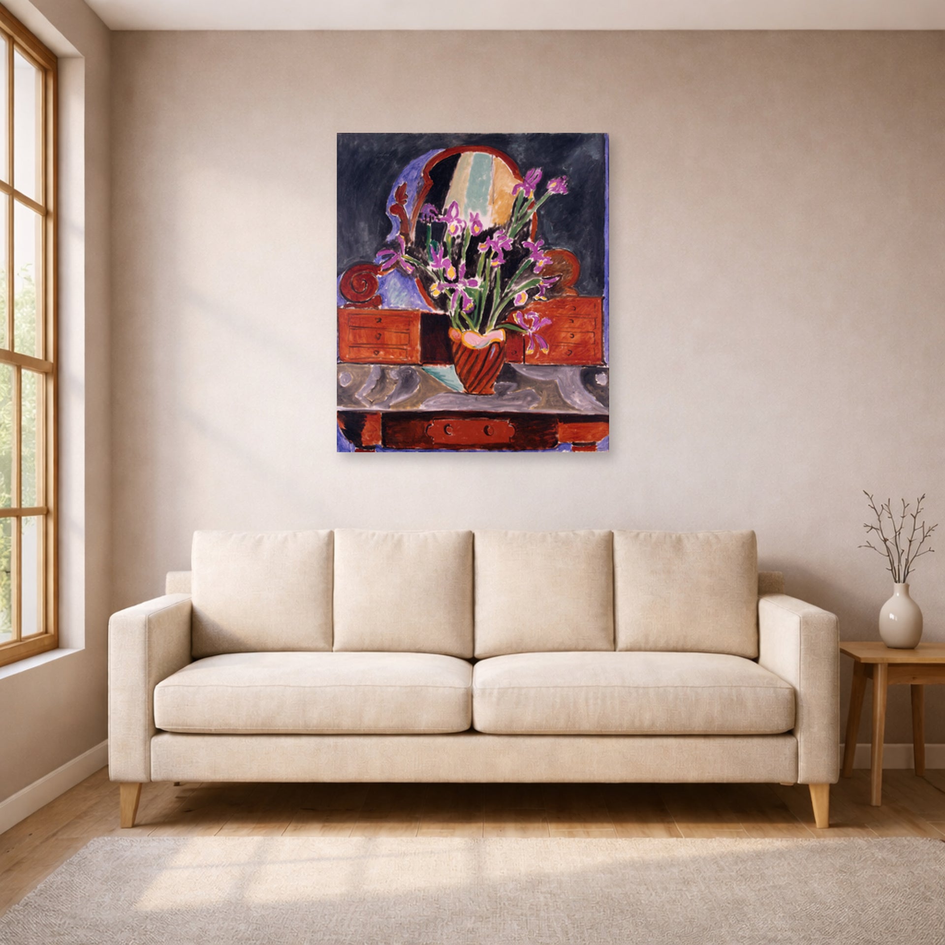 Unframed poster print of Henri Matisse's Vase of Irises displayed in a living room, view 1