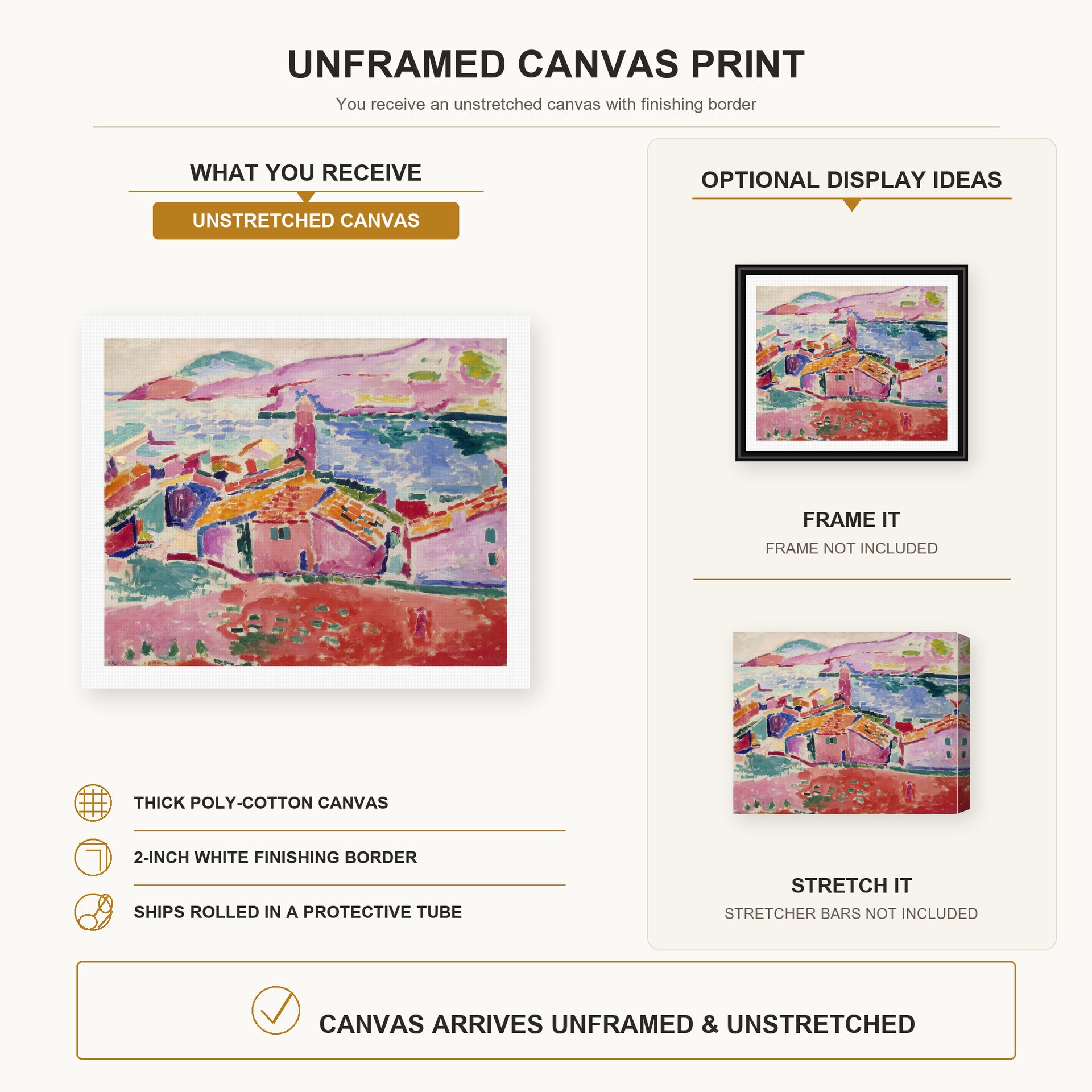 Henri Matisse - View of Collioure canvas print size comparison and framing display infographic