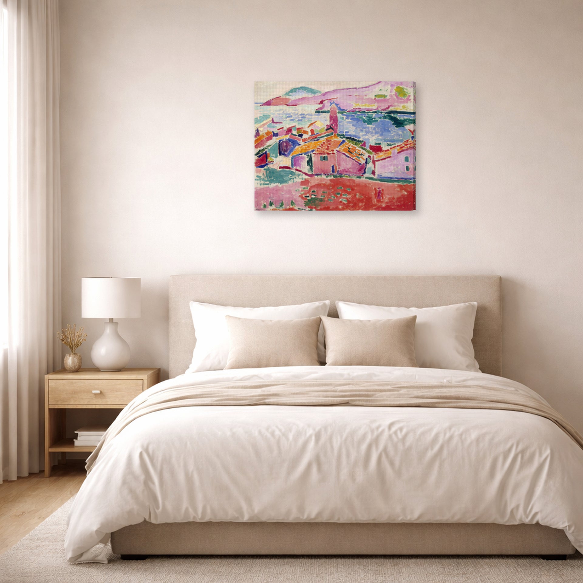 Gallery-wrapped canvas print of Henri Matisse's View of Collioure hanging above a bed in a bedroom