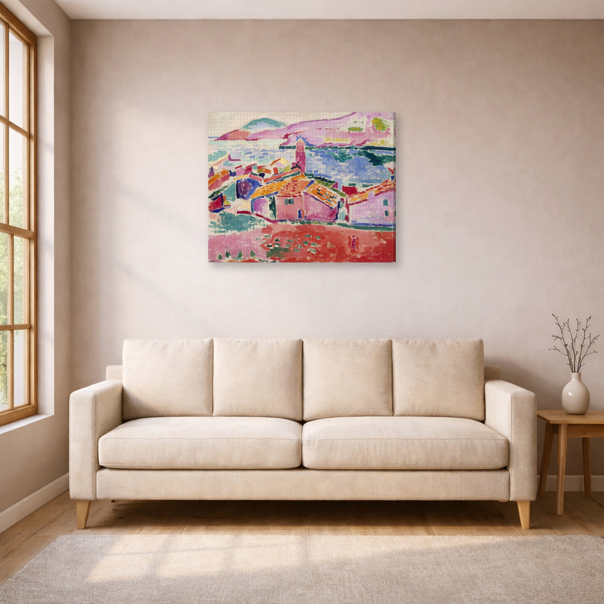 Gallery-wrapped canvas print of Henri Matisse's View of Collioure hanging in a living room, view 1