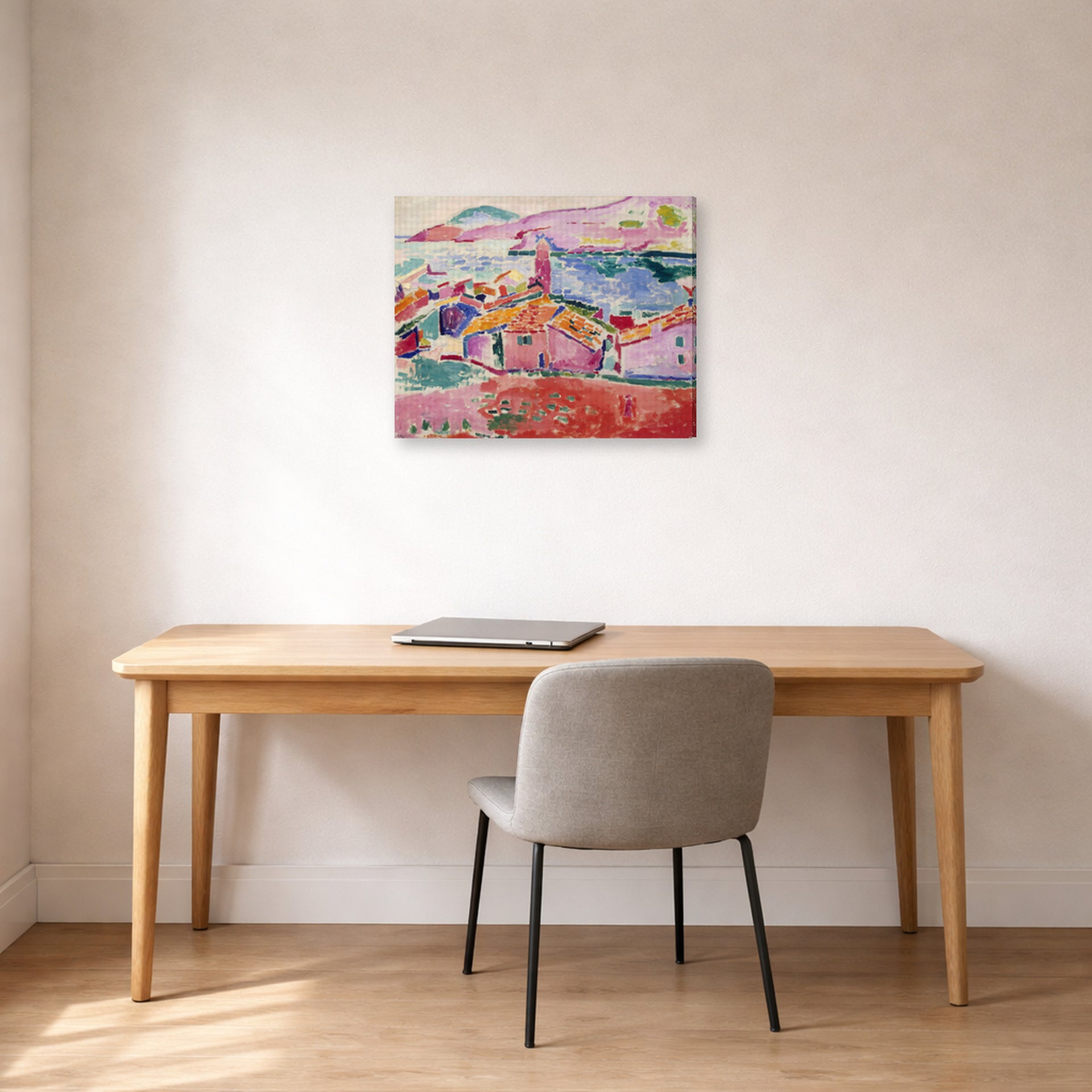 Gallery-wrapped canvas print of Henri Matisse's View of Collioure hanging in a home office