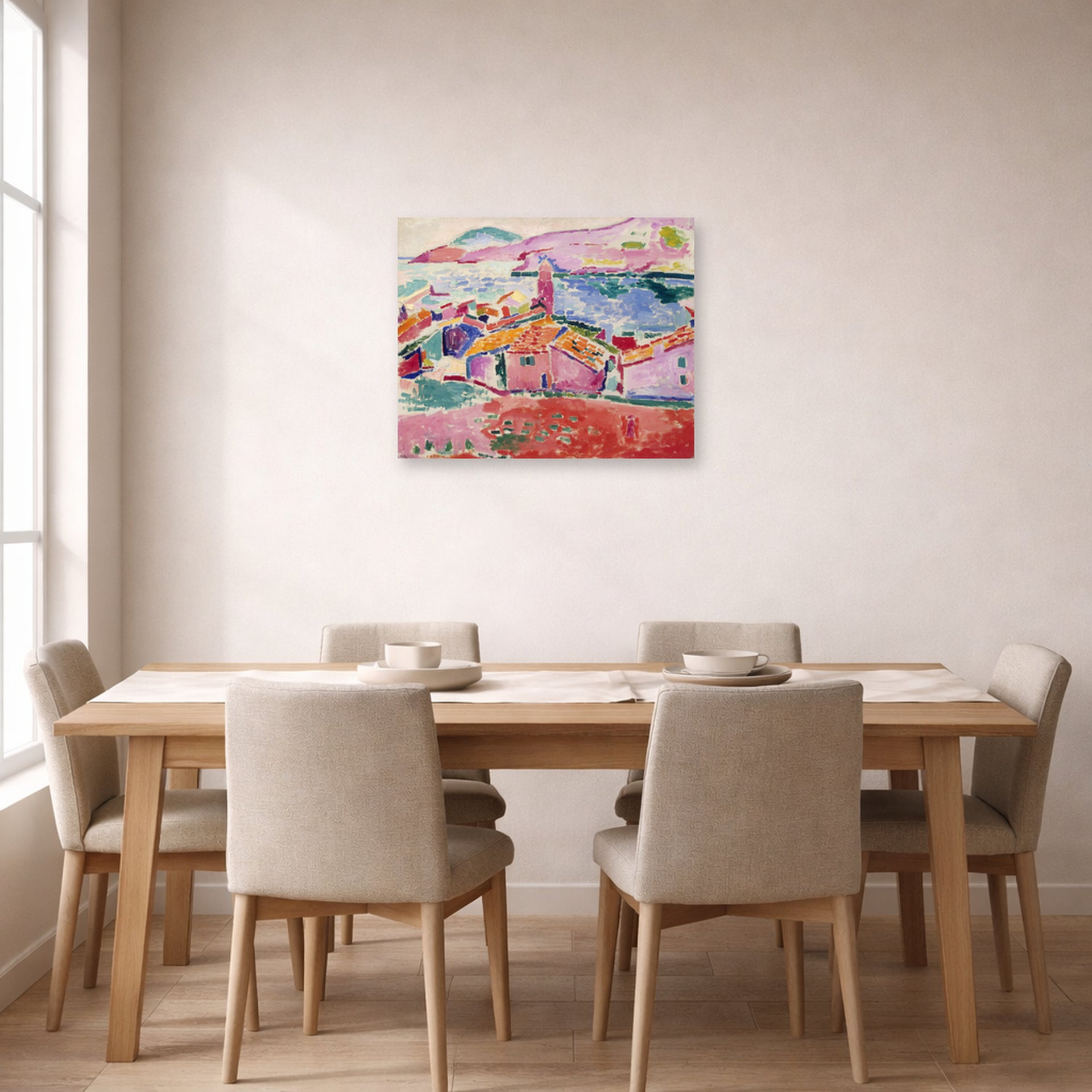Unframed poster print of Henri Matisse's View of Collioure displayed on a dining room wall