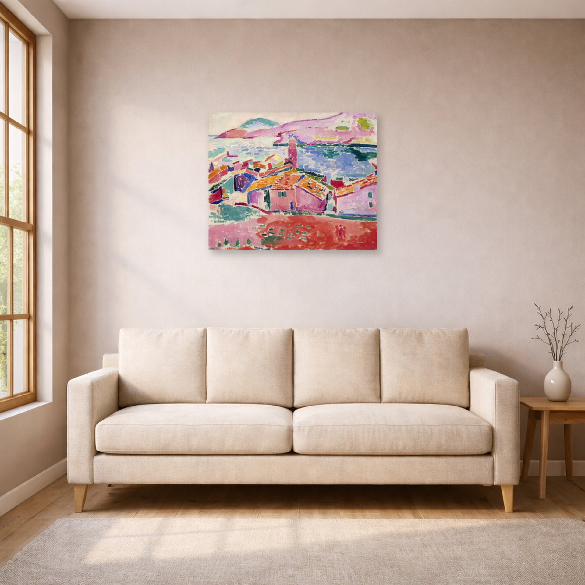 Unframed poster print of Henri Matisse's View of Collioure displayed in a living room, view 1