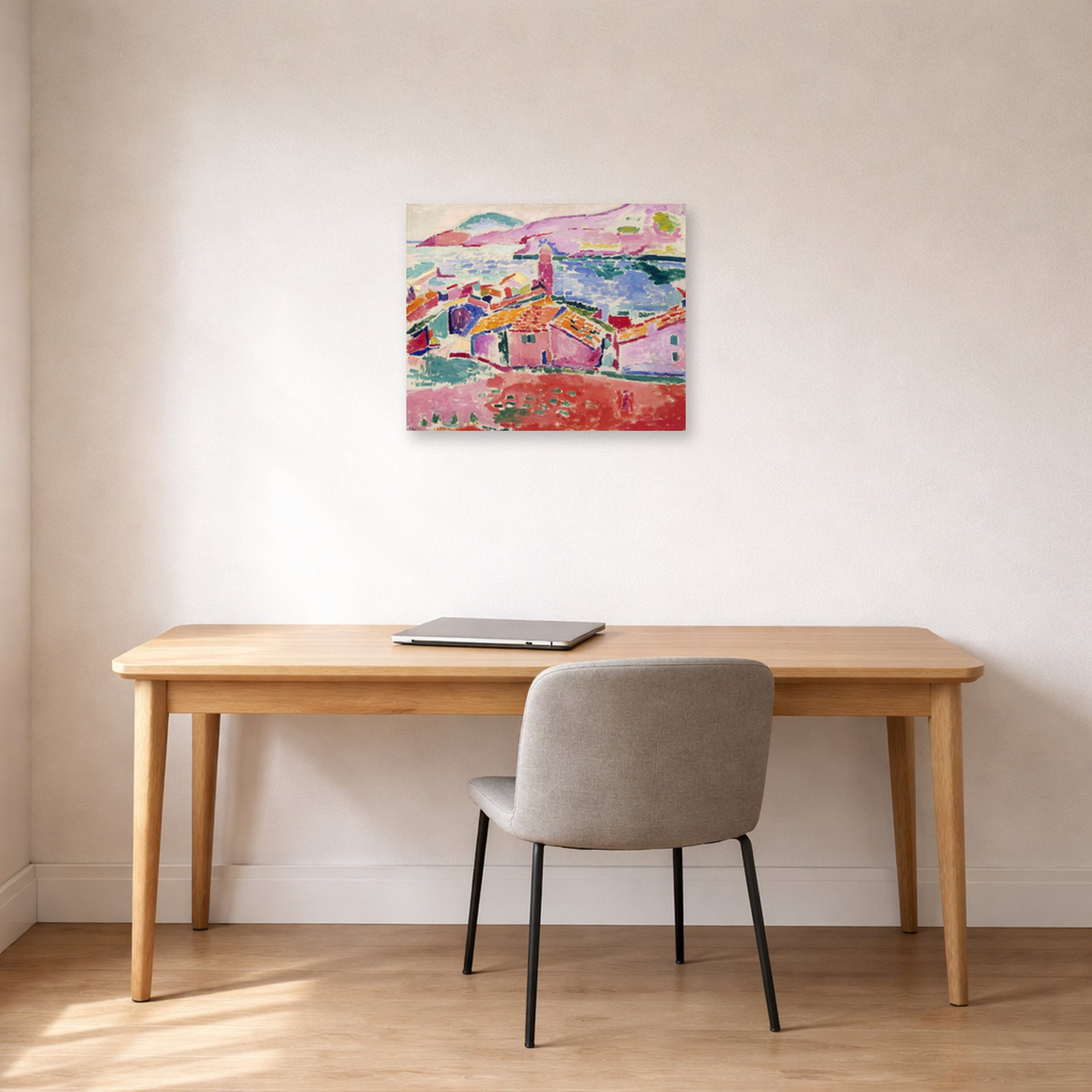 Unframed poster print of Henri Matisse's View of Collioure displayed in a home office