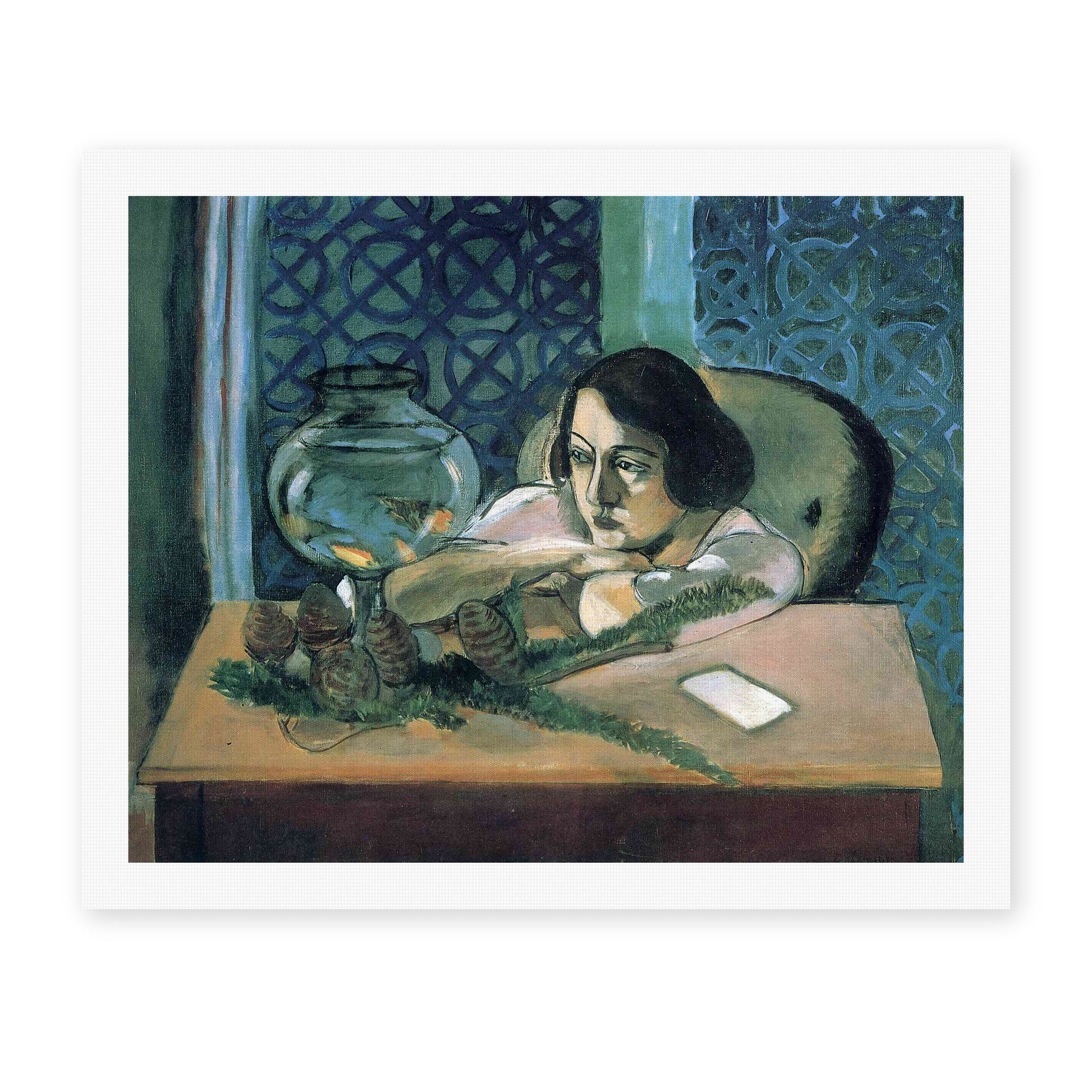Henri Matisse's Woman Before a Fish Bow painting reproduced as a rolled canvas print