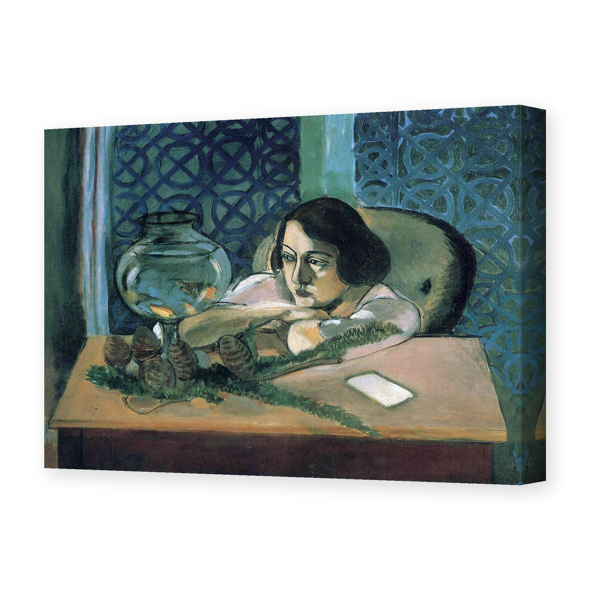 Henri Matisse's Woman Before a Fish Bow painting reproduced as a gallery-wrapped canvas print