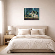 Gallery-wrapped canvas print of Henri Matisse's Woman Before a Fish Bow hanging above a bed in a bedroom