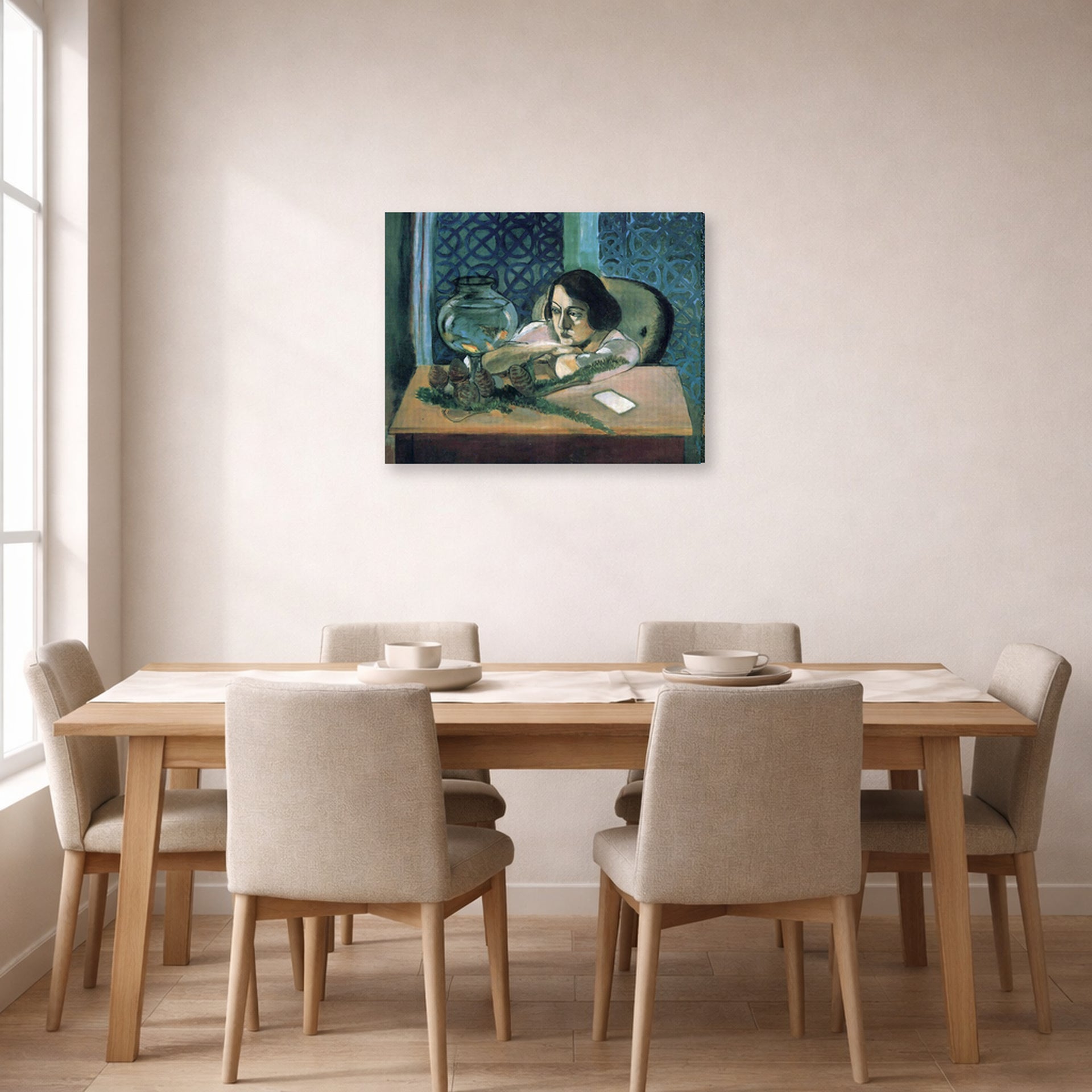 Gallery-wrapped canvas print of Henri Matisse's Woman Before a Fish Bow hanging on a dining room wall