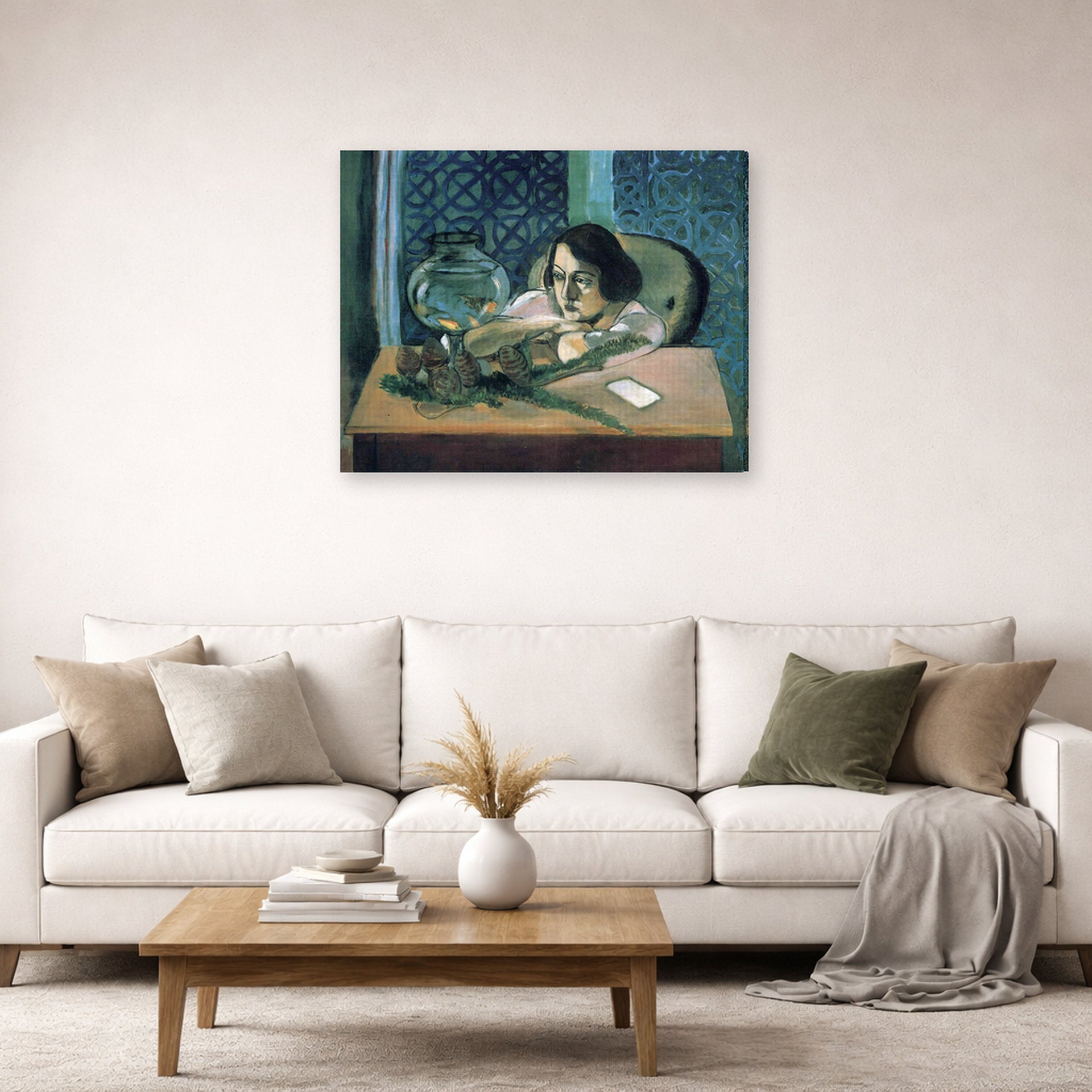 Gallery-wrapped canvas print of Henri Matisse's Woman Before a Fish Bow hanging in a living room, view 2