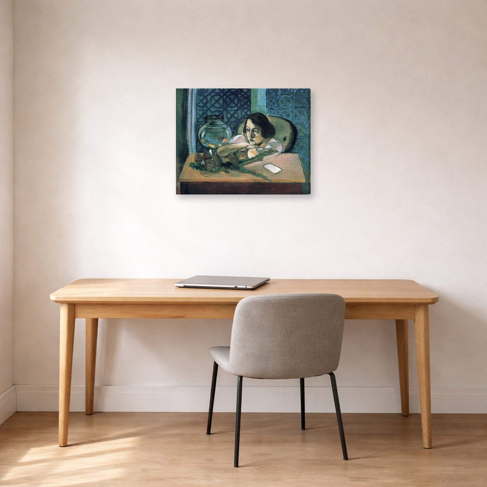 Gallery-wrapped canvas print of Henri Matisse's Woman Before a Fish Bow hanging in a home office