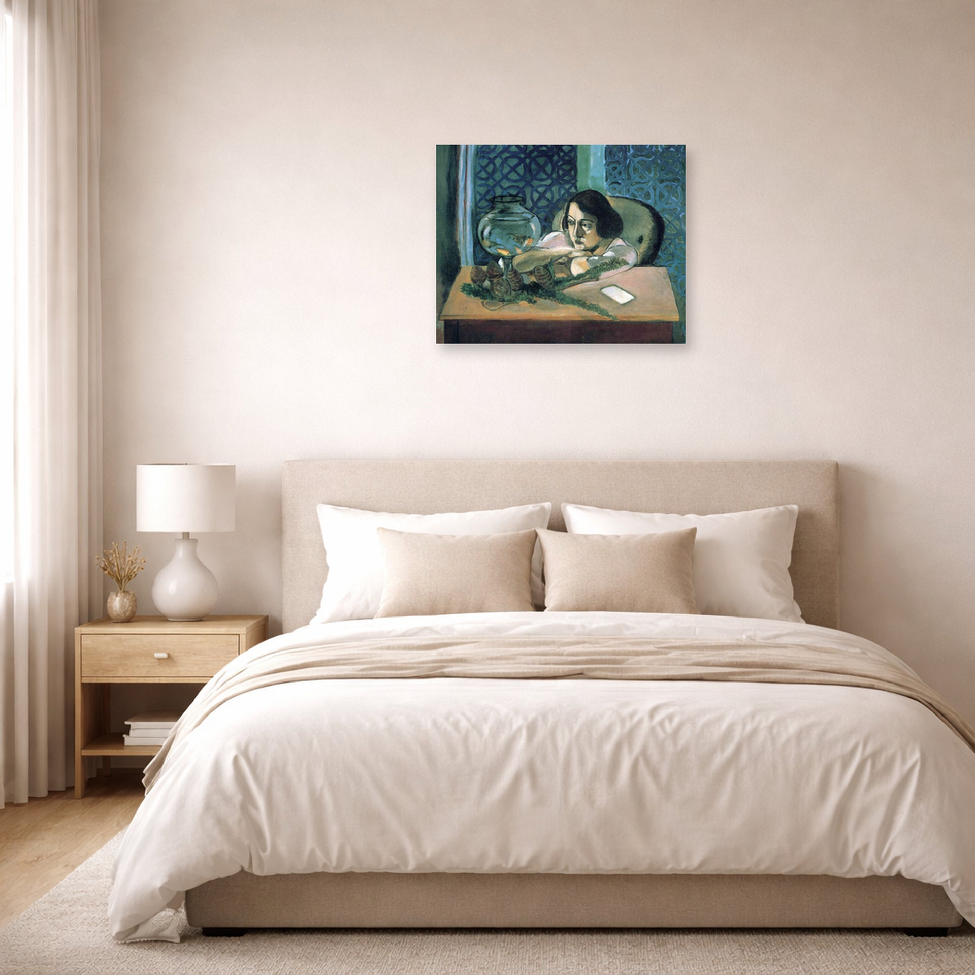 Unframed poster print of Henri Matisse's Woman Before a Fish Bow displayed above a bed in a bedroom