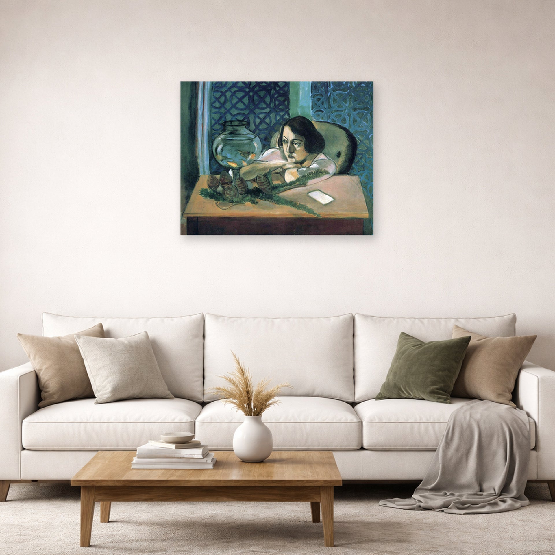Unframed poster print of Henri Matisse's Woman Before a Fish Bow displayed in a living room, view 2