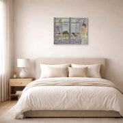 Gallery-wrapped canvas print of Henri Matisse's Woman Near the Window hanging above a bed in a bedroom