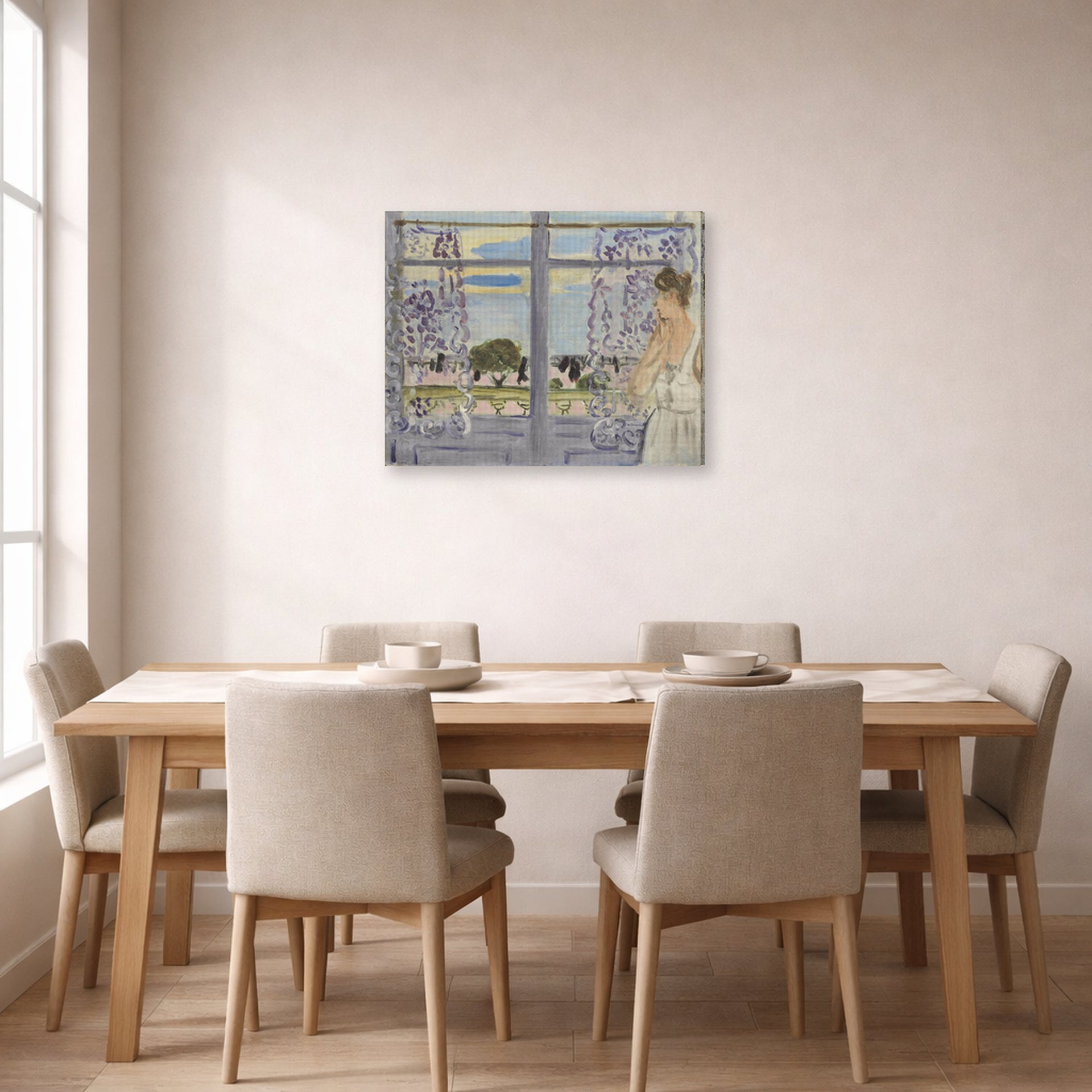 Gallery-wrapped canvas print of Henri Matisse's Woman Near the Window hanging on a dining room wall