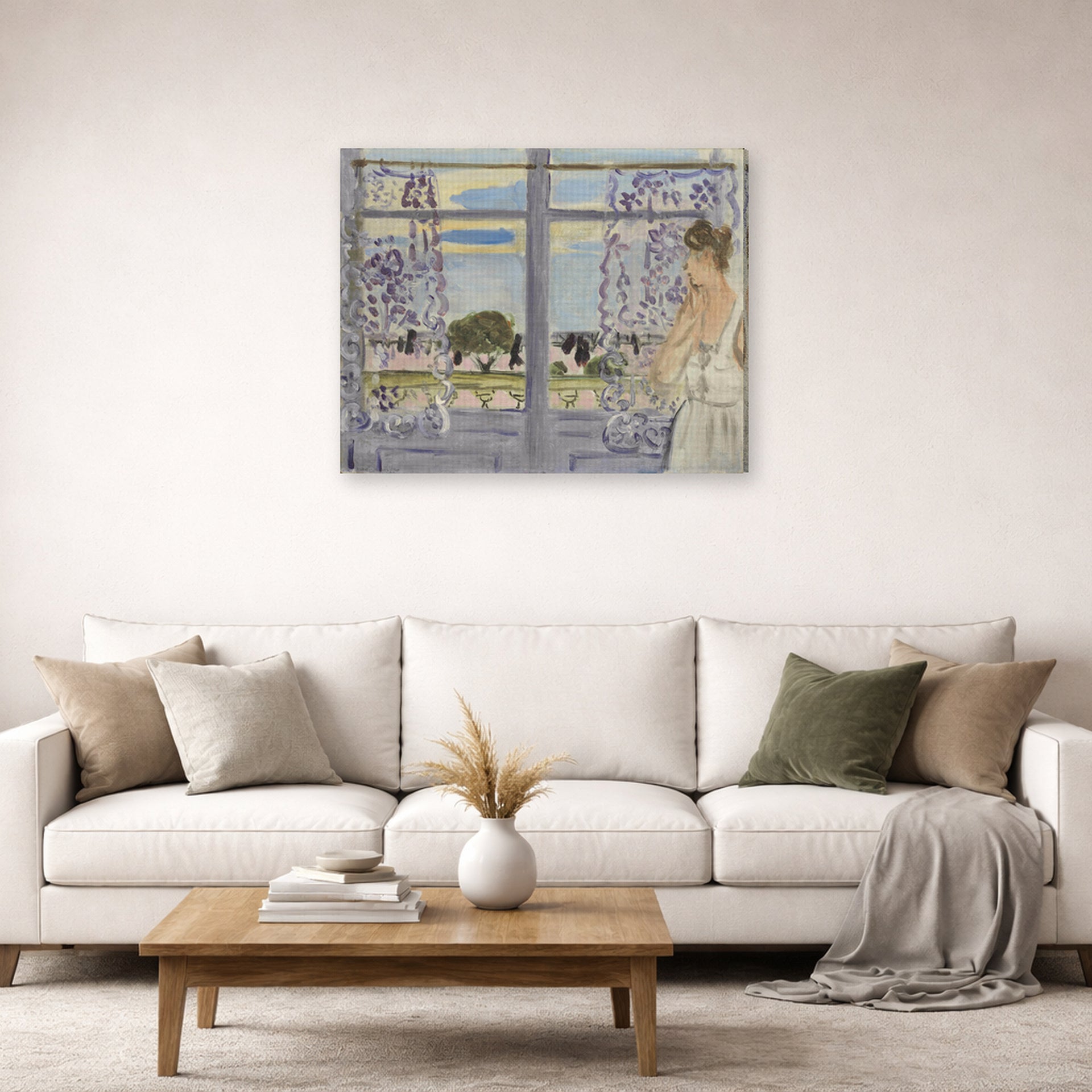 Gallery-wrapped canvas print of Henri Matisse's Woman Near the Window hanging in a living room, view 2