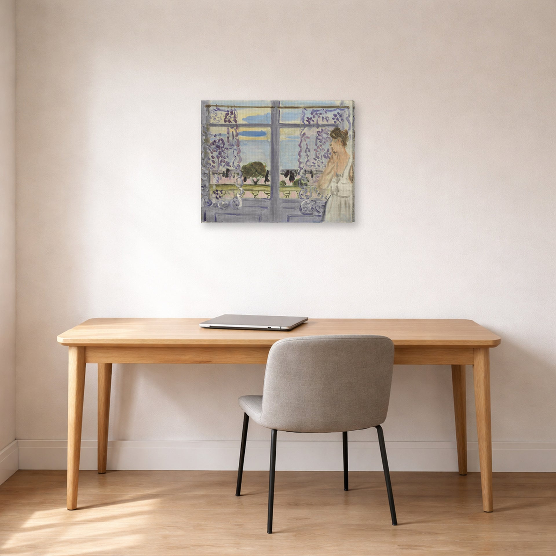 Gallery-wrapped canvas print of Henri Matisse's Woman Near the Window hanging in a home office