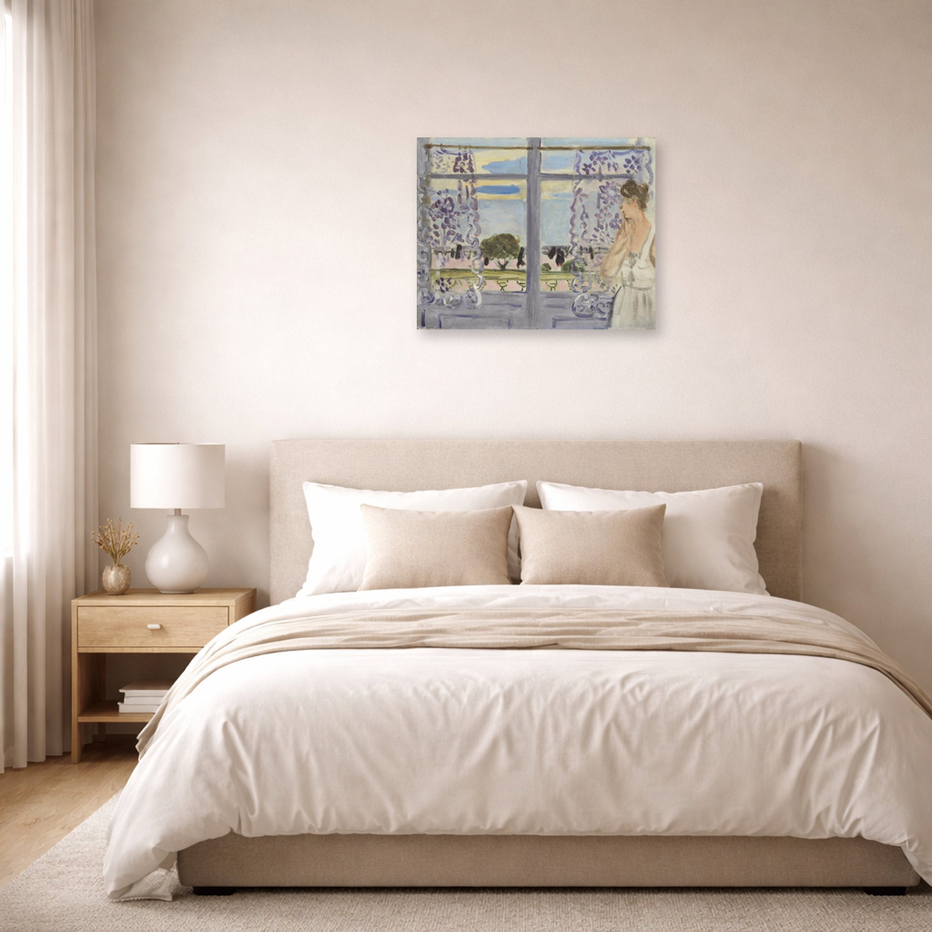 Unframed poster print of Henri Matisse's Woman Near the Window displayed above a bed in a bedroom