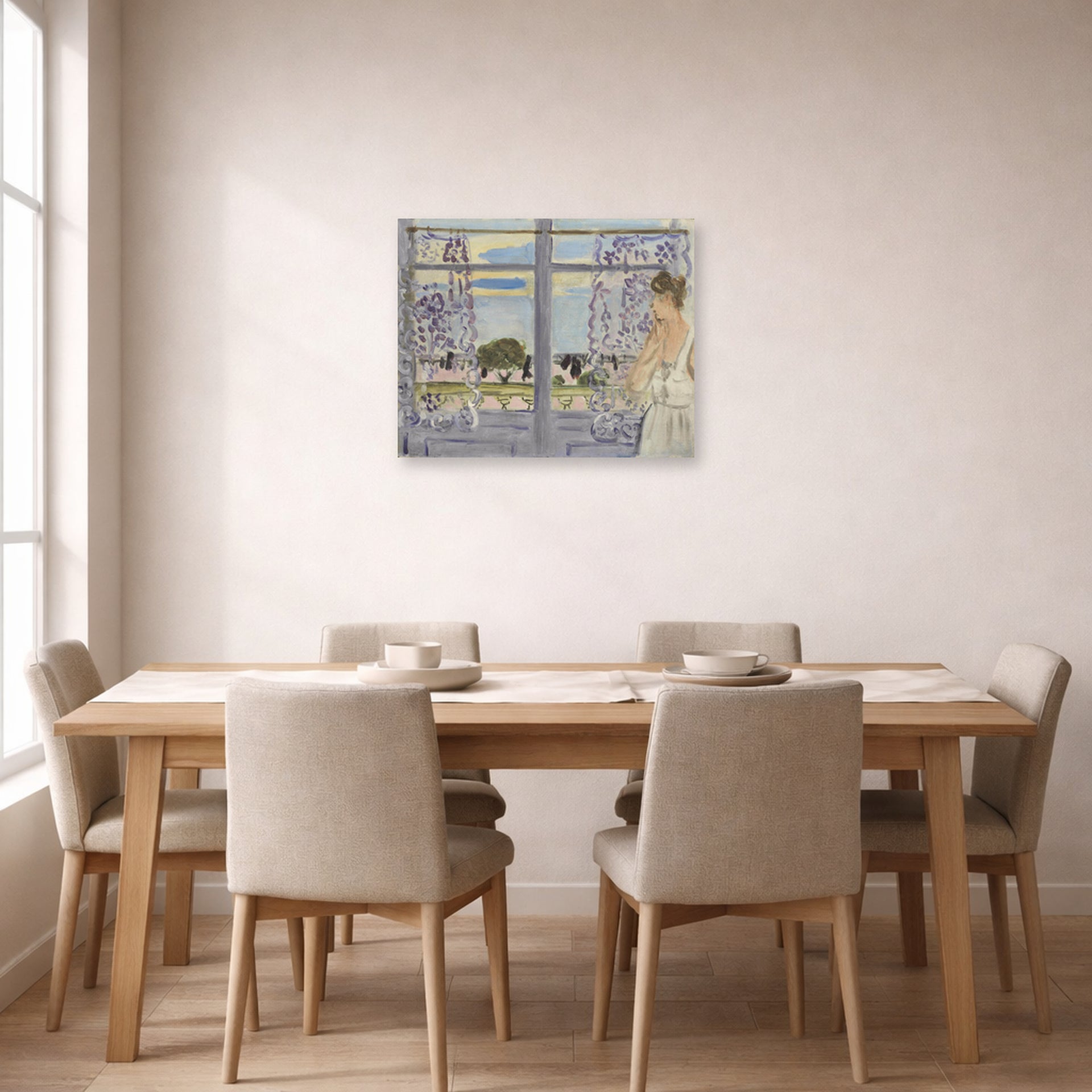 Unframed poster print of Henri Matisse's Woman Near the Window displayed on a dining room wall