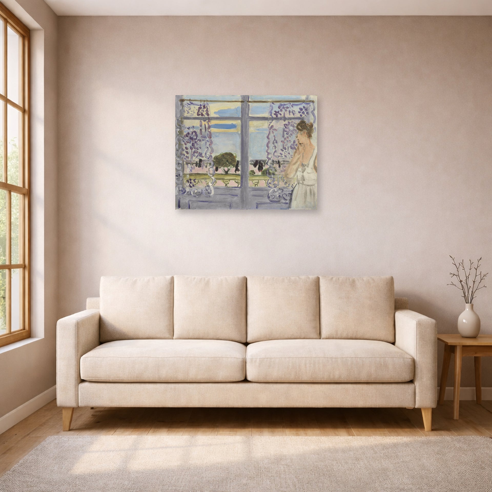 Unframed poster print of Henri Matisse's Woman Near the Window displayed in a living room, view 1