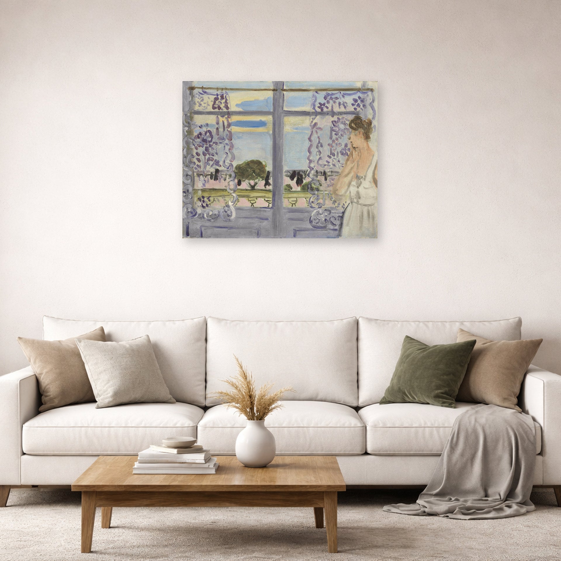 Unframed poster print of Henri Matisse's Woman Near the Window displayed in a living room, view 2