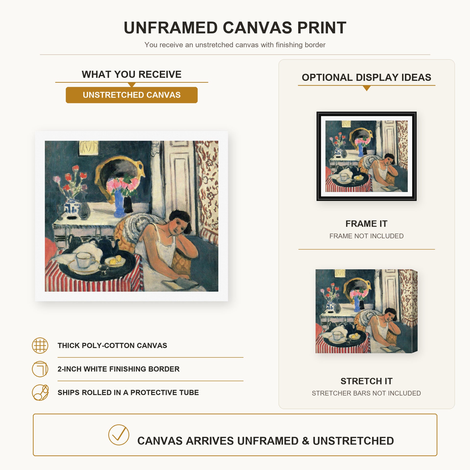 Henri Matisse - Woman Reading canvas print size comparison and framing display infographic