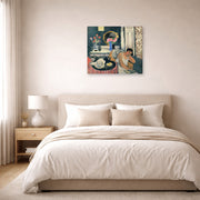 Gallery-wrapped canvas print of Henri Matisse's Woman Reading hanging above a bed in a bedroom