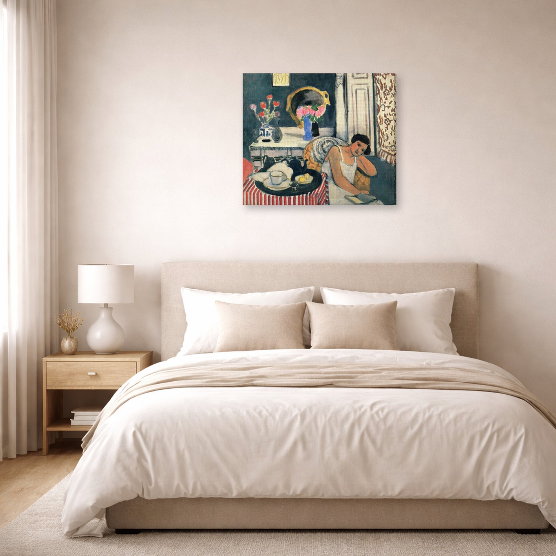 Gallery-wrapped canvas print of Henri Matisse's Woman Reading hanging above a bed in a bedroom
