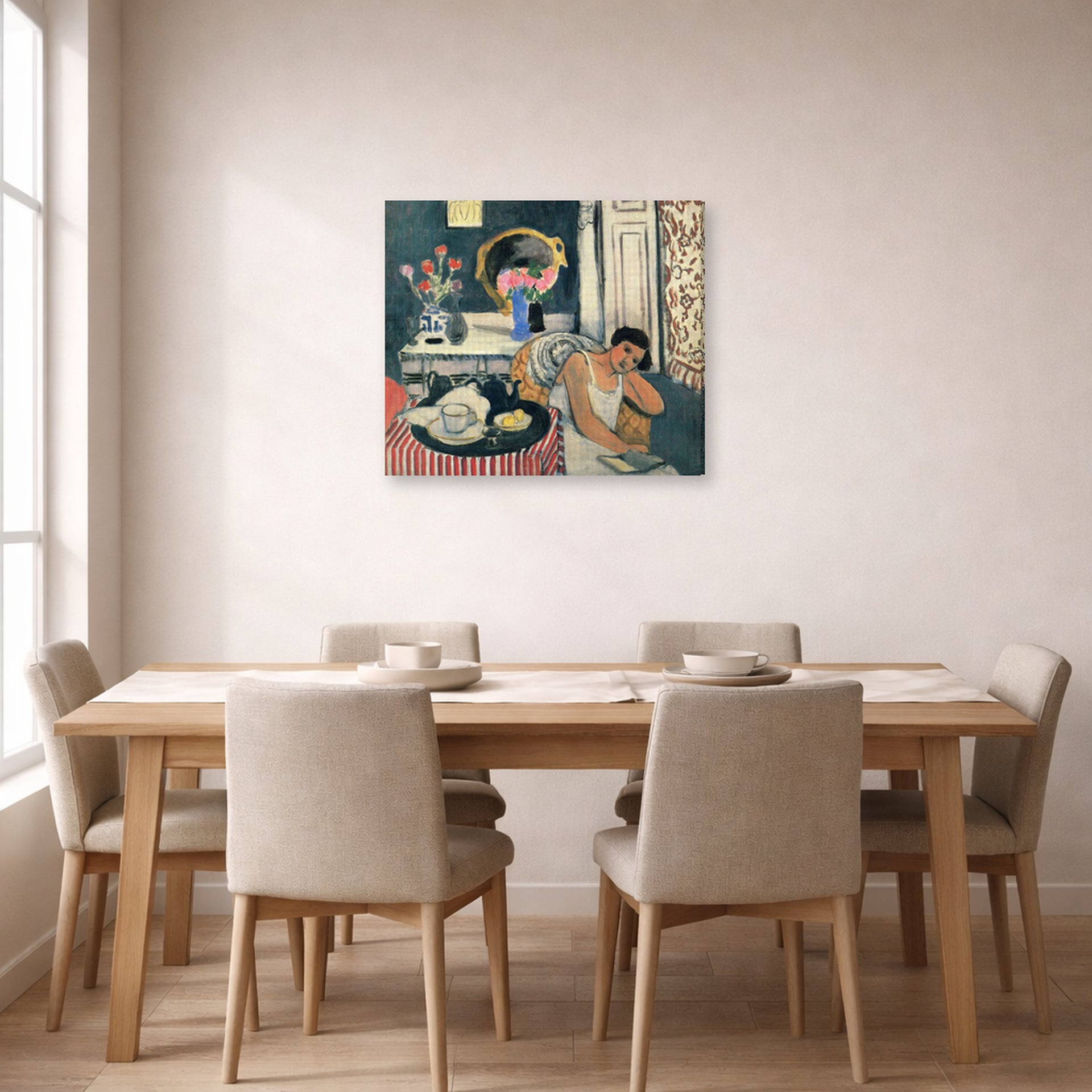 Gallery-wrapped canvas print of Henri Matisse's Woman Reading hanging on a dining room wall